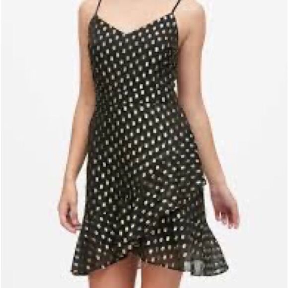 Banana Republic Strappy Ruffle Metallic Dot Mini Dress in Black & Gold Size 6 - Picture 1 of 11